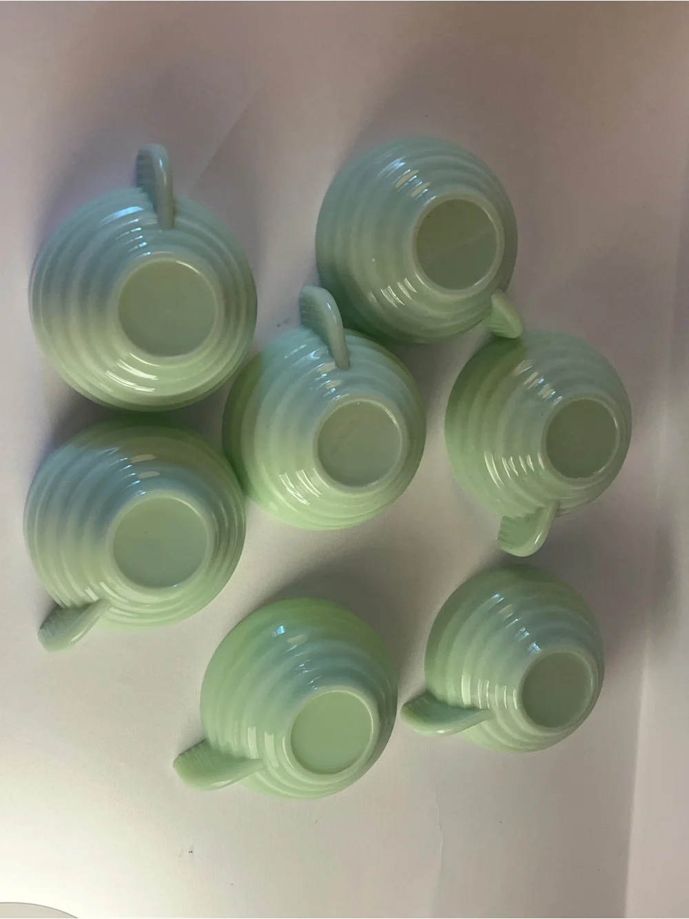Vintage Jadeite Cup Set 7 Art Deco Style Ribbed Milk Glass Coffee Cups - FRANCE